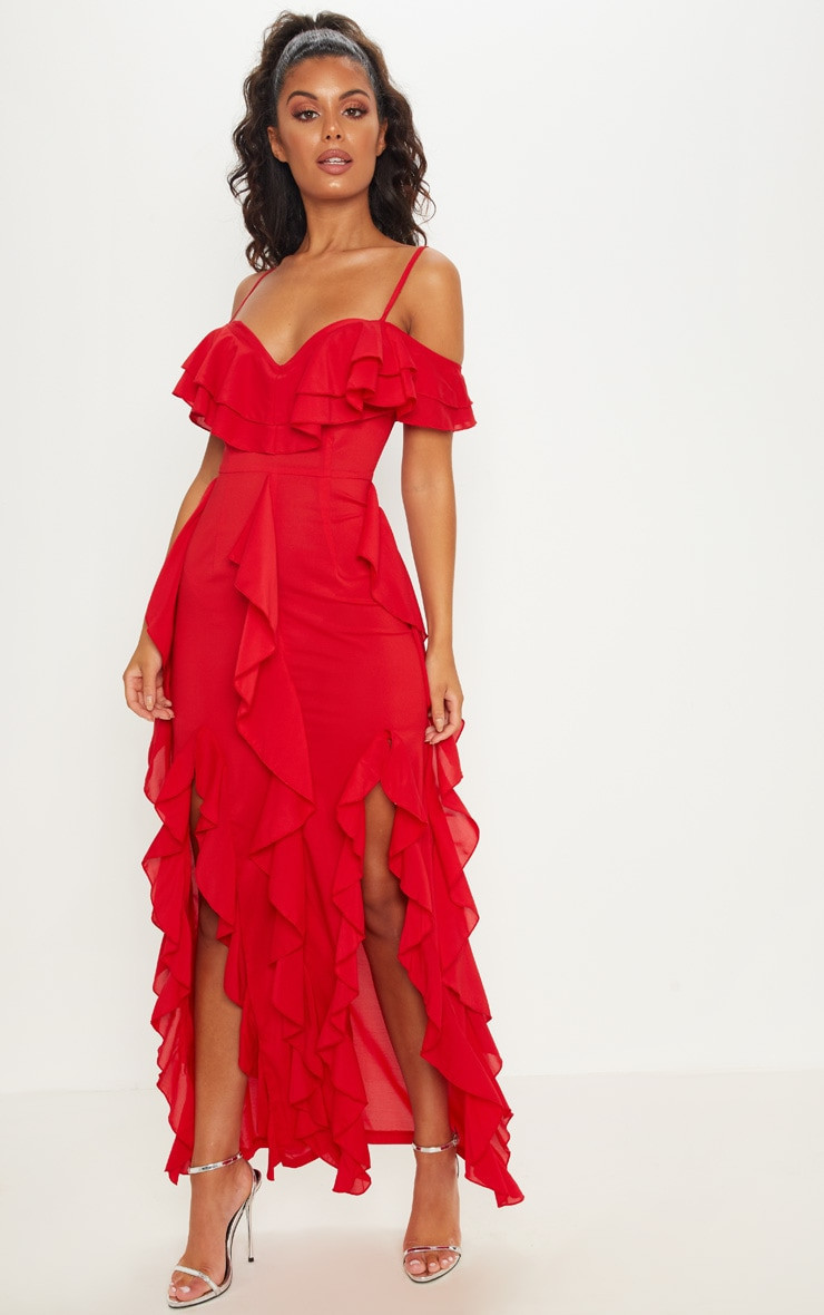 Red Cold Shoulder Ruffle Detail Maxi Dress | PrettyLittleThing UK