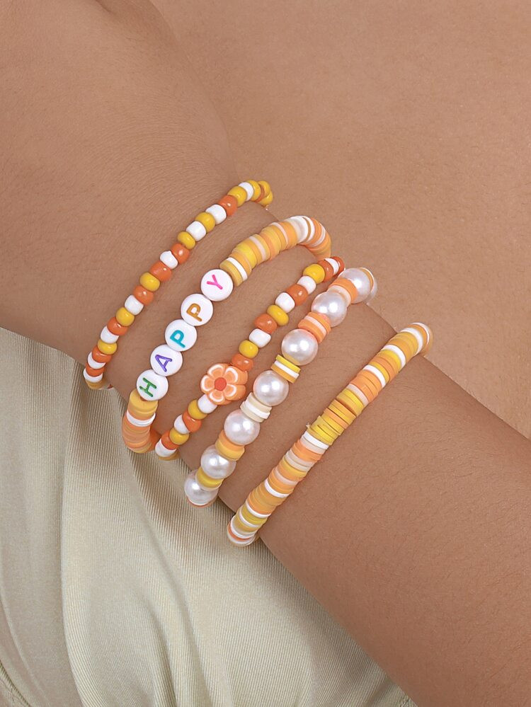 5pcs/set Boho Letter Detail Round & Faux Pearl Decor Beaded Bracelet For Women For Vacation
     ... | SHEIN