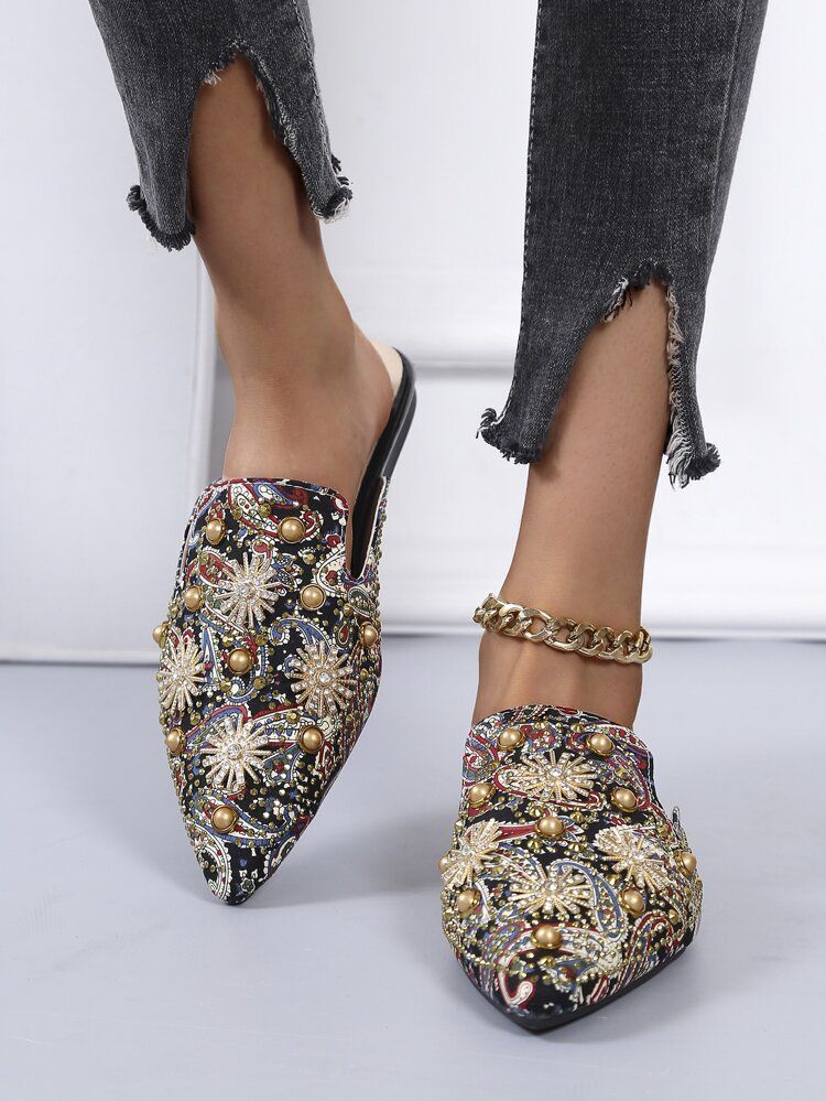 Paisley Graphic Faux Pearl Decor Flat Mules | SHEIN