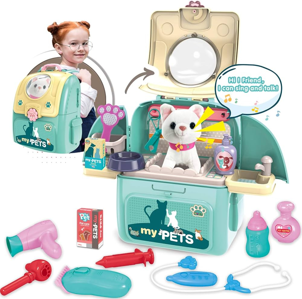 Pet Cat Carrier Backpack Toy, MAGIC4U 23PCS Pet Care Playset,Vet Clinic and Doctor Kit for Kids, ... | Amazon (US)