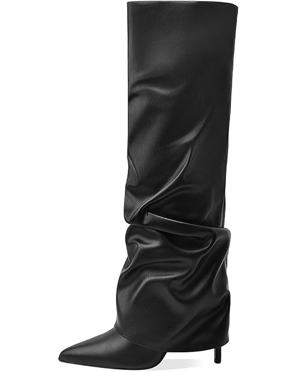 Women's Knee High Boots Fold Over Side Zipper Long Boots Pointed Toe Black White Women Dress Tall... | Amazon (US)