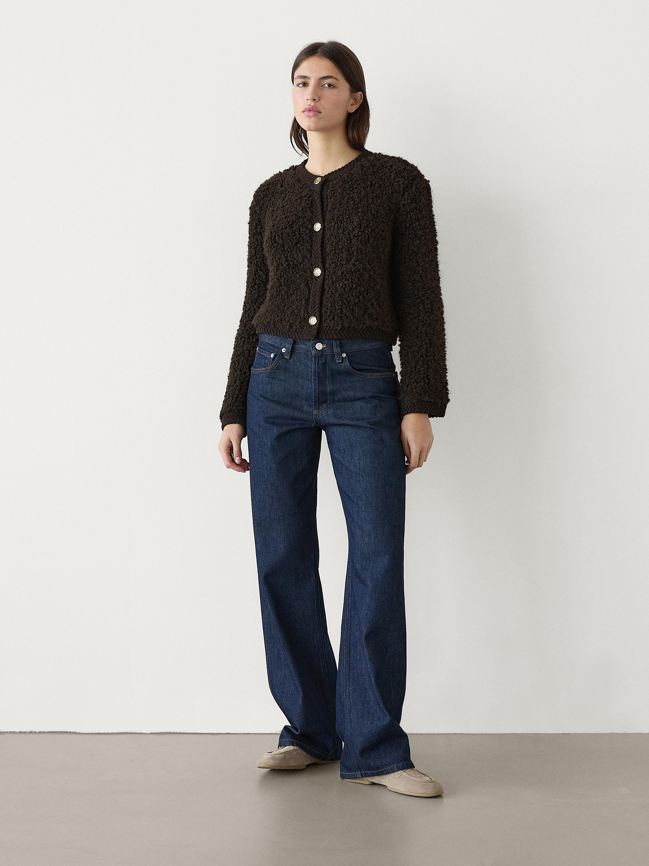 Bouclé cardigan with rhinestone button | Massimo Dutti UK