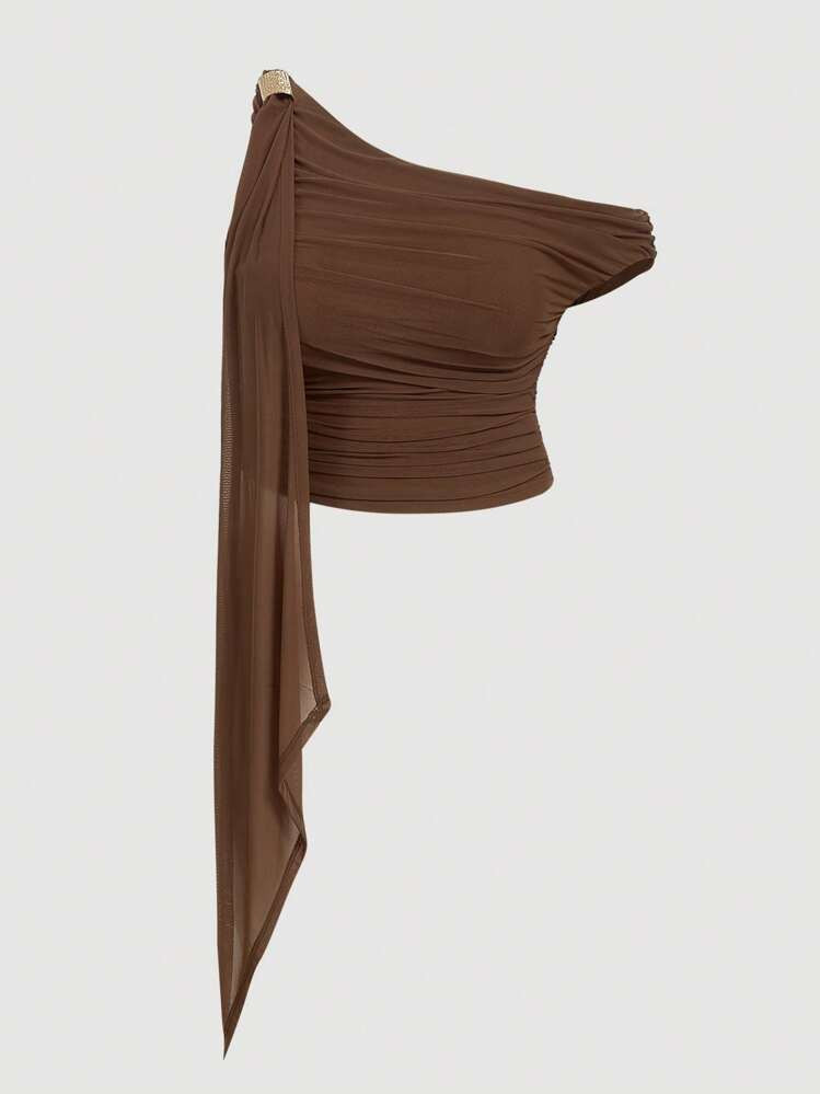 SHEIN MOD Plus Size Brown One Shoulder Strap Metal Buckle Decor Cropped Top,Brown Asymmetric Vint... | SHEIN