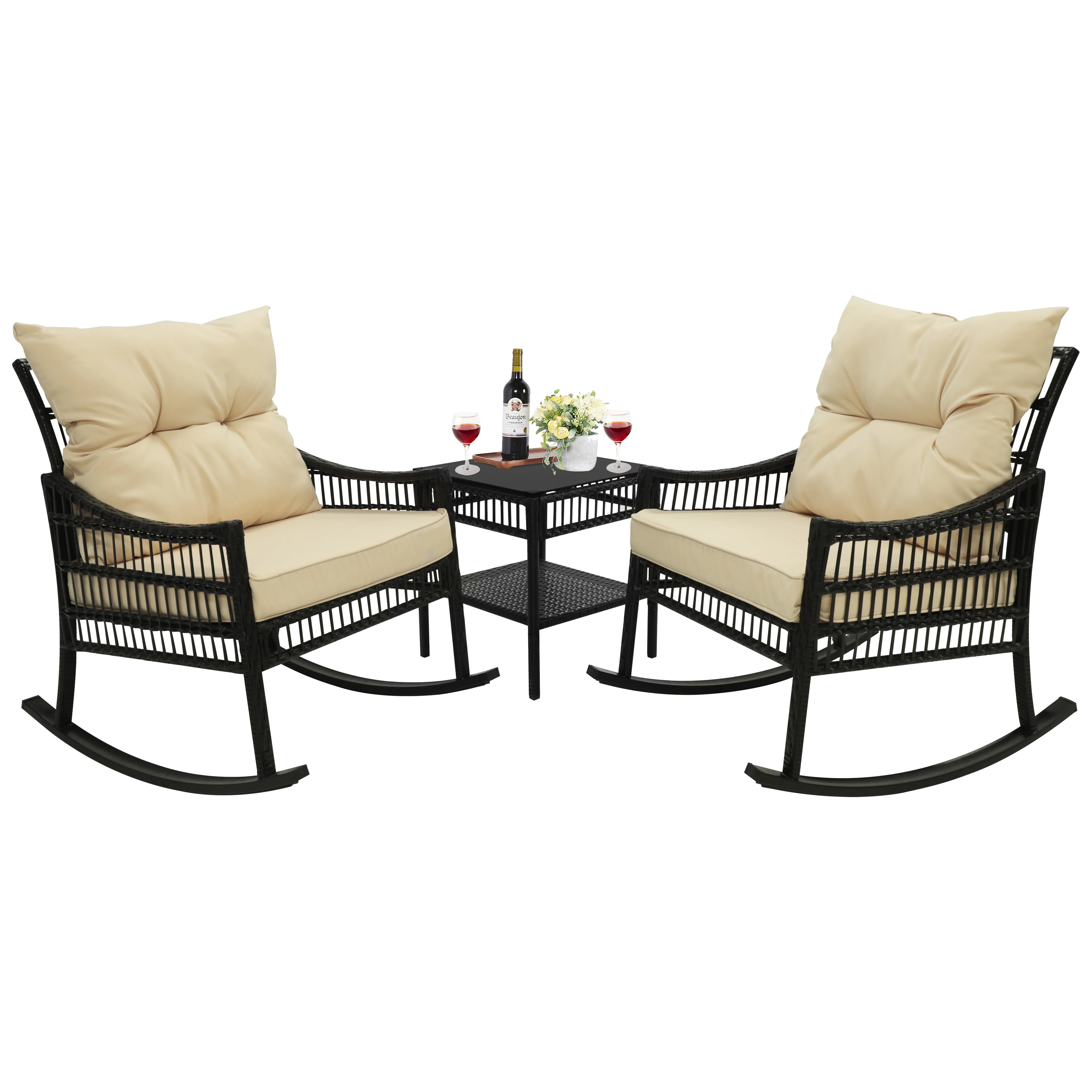 VEIKOUS 3-Piece Outdoor Bistro Sets with Rattan Rocking Chair and Tempered Glass Table, Cream Whi... | Walmart (US)