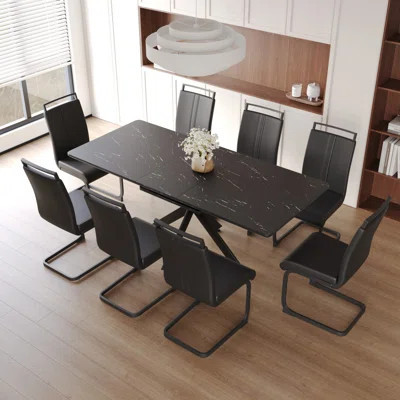 Extendable Dining Table Set For 6-8 Persons, C-Shaped Tube Padded Armless Chairs, Large MDF Table With Metal Legs, Dining Table Set | Wayfair North America