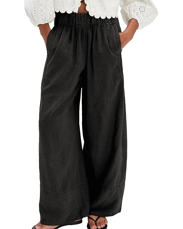 Linen Pants for Women Cotton Baggy Boho Casual Palazzo Pants Wide Leg Long Lounge Trousers with P... | Amazon (US)