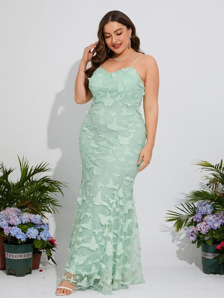 Plus Butterfly Appliques Mesh Overlay Mermaid Hem Cami Bridesmaid Dress | SHEIN