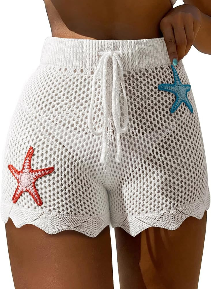 Dokotoo Womens Swim Shorts 2026 Embroidery Color Block Crochet Hollow Out High Waist Drawstring B... | Amazon (US)