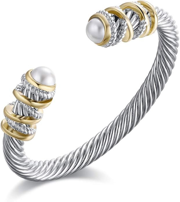 Twisted Cable Bracelet with Composite Shell Pearl 6" Antique Cuff Bracelets for Women | Amazon (US)