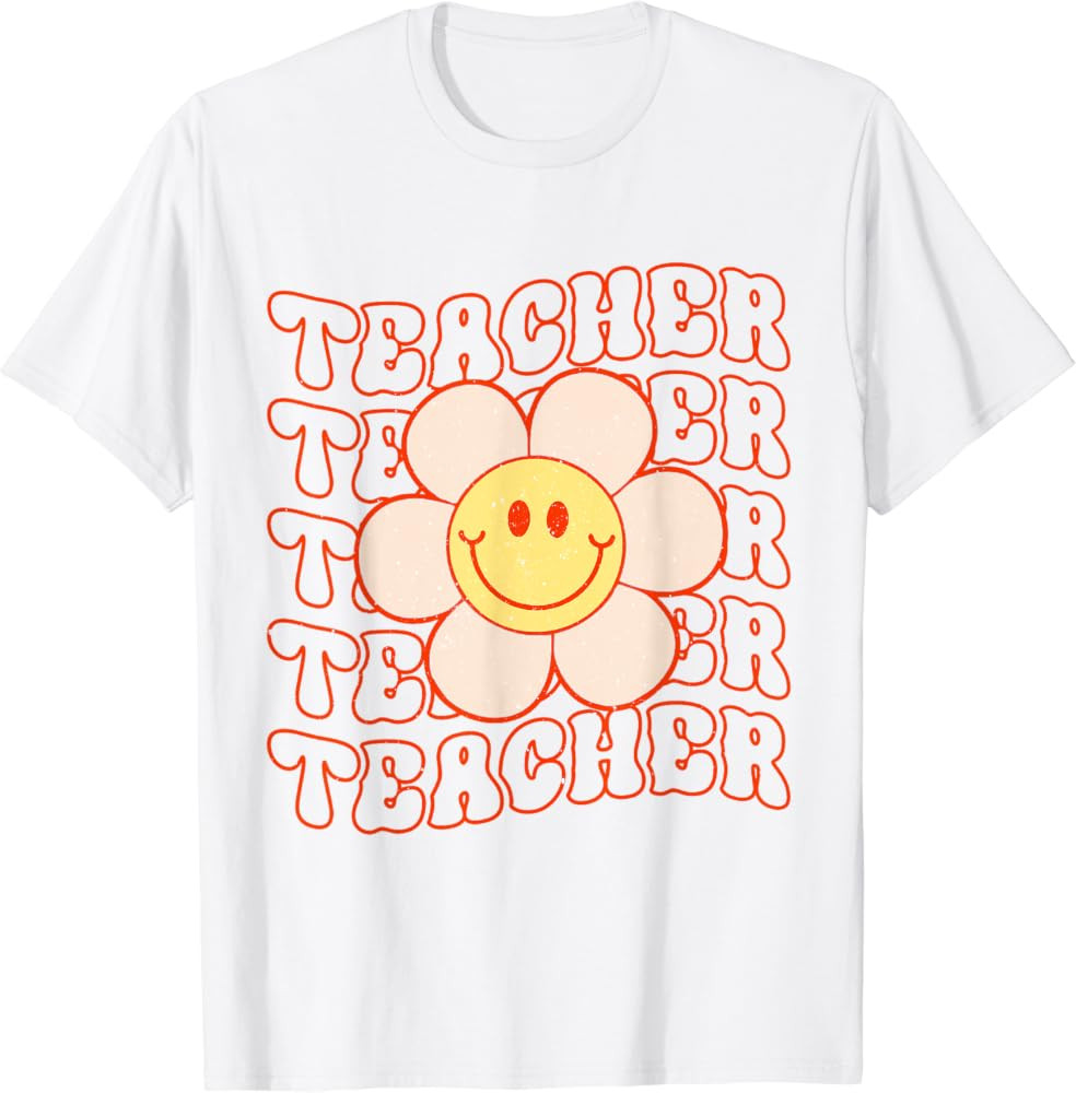 Retro Style Happy Face Shirt Teacher Daisy Flower Smile Face T-Shirt | Amazon (US)