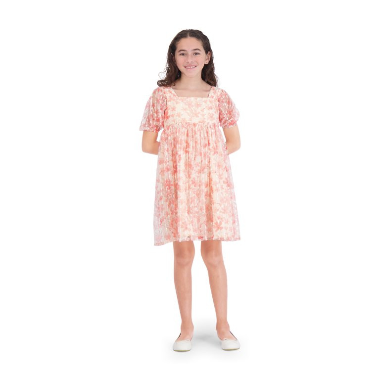 Wonder Nation Girls Apricot Printed Metallic Mesh Dress, Sizes 4-16 & Plus | Walmart (US)