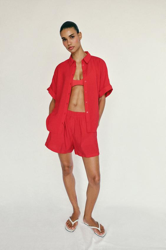 Zara - Relaxed Shorts With Elastic Waist - Red - L - Woman | Zara UK