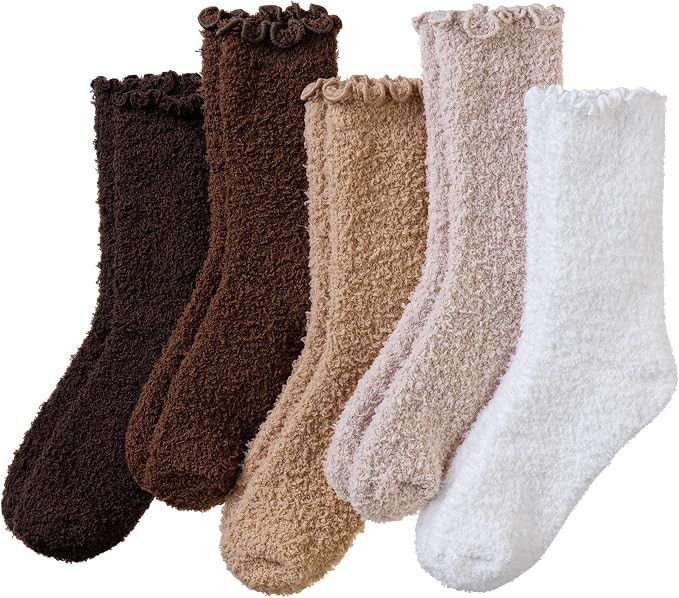 Womens Fuzzy Ruffle Socks Slipper Fluffy Cozy Frilly Soft Plush Warm Winter Thick Crew Socks 5 Pa... | Amazon (US)