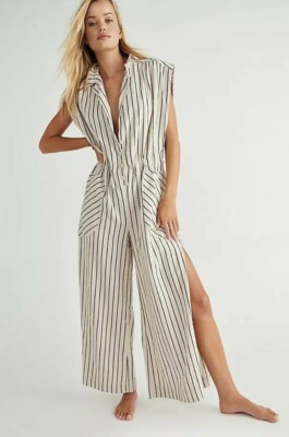 Free People Beach Town Linen Jumpsuit Striped Wide Leg Slits Ivory Black XS NEW | eBay IE
