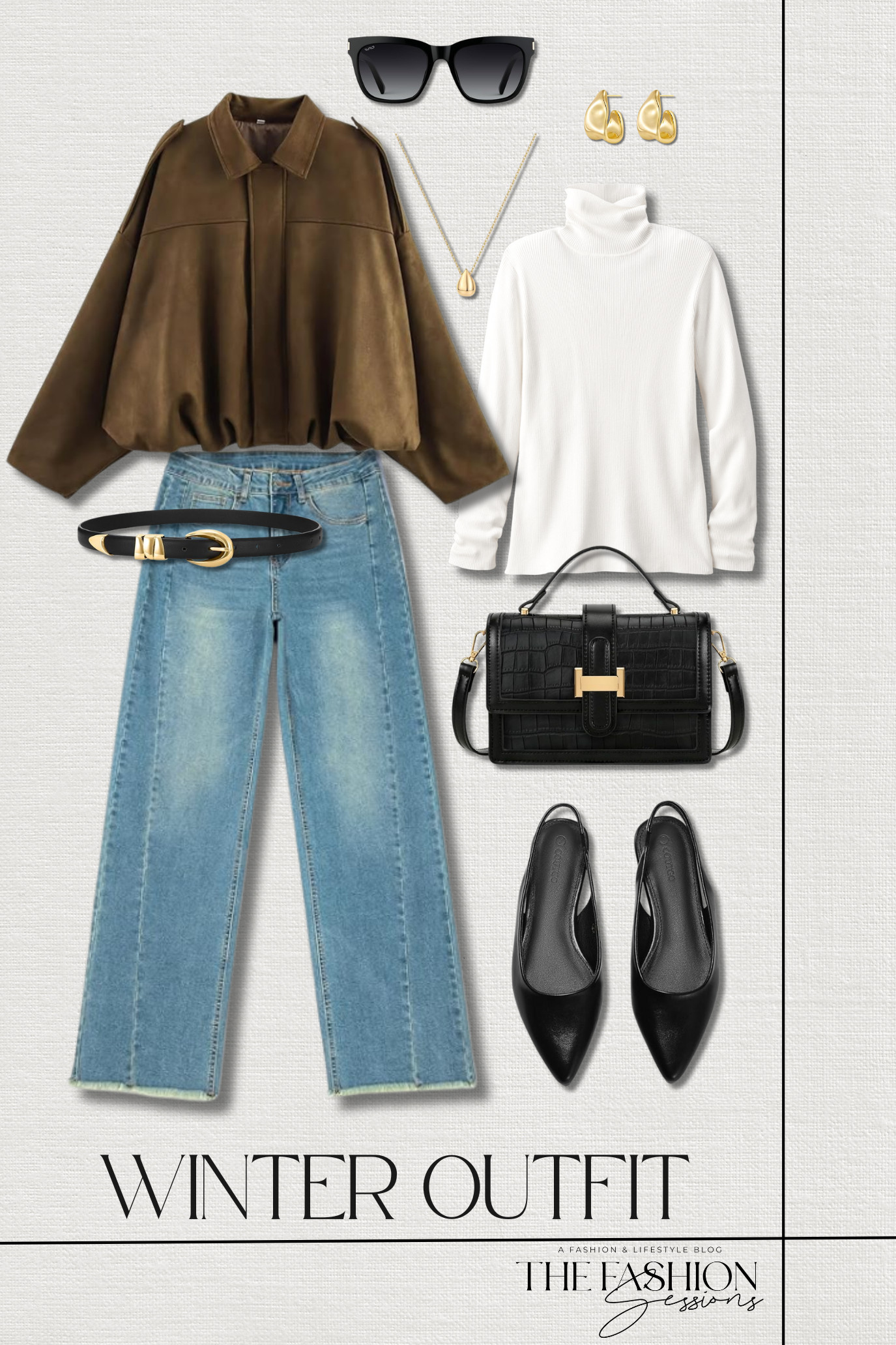 Stay warm and trendy with Amazon pieces that won't break the bank! faux suede jacket | wide-leg high waist jeans | ribbed turtleneck | slingback flats | skinny leather belt | crossbody bag | large square sunglasses | chunky gold stud earrings | gold pear pendant | winter outfit | shopping outfit | brunch outfit | girl's day outfit | casual outfit | elevated casual 

 #LTKootd #LTKOver40 #LTKSaleAlert