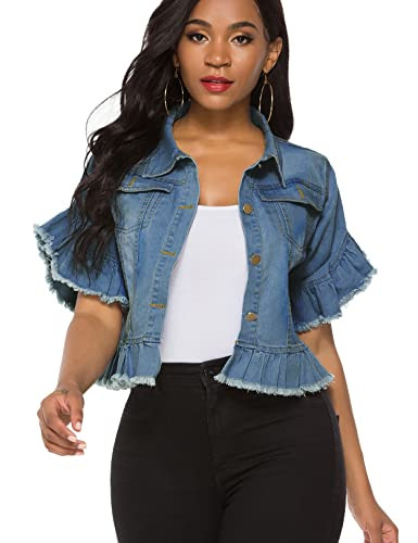 Suvimuga Women's Denim Jacket Button Down Distressed Ruffle Sleeve Crop Jean Jackets Coat | Amazon (US)
