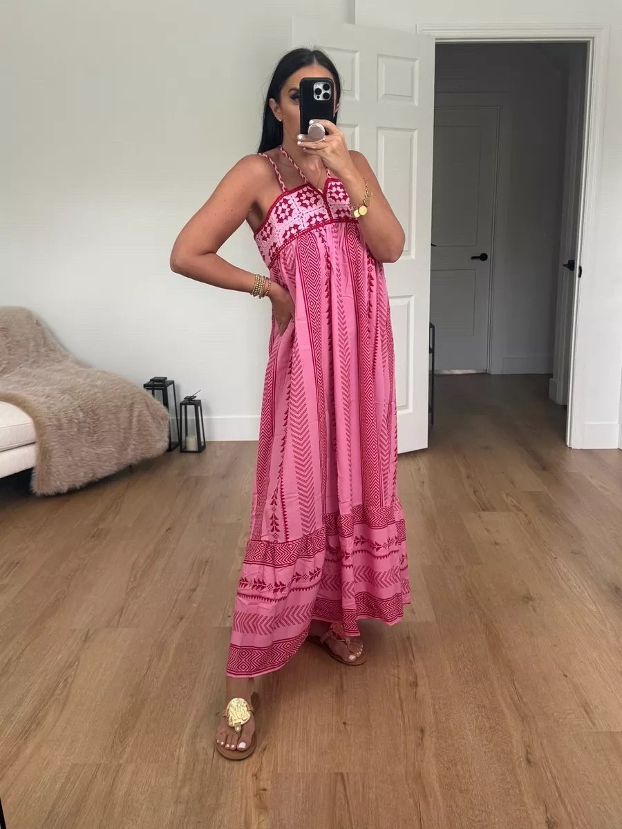 Women Boho Maxi Dress Crochet Patchwork wearing size medium only $38