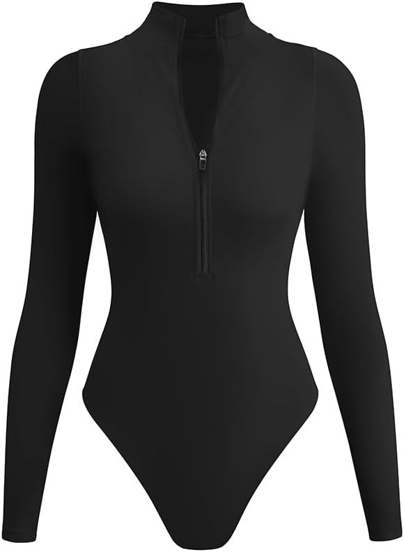 HYZ Women's Sexy One Piece Zip Front Long Sleeve Turtle Neck Basic Tops Bodysuits | Amazon (US)