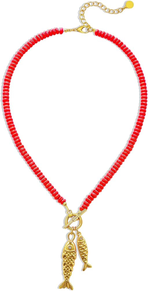 Beaded Necklaces for Women, Chunky Beaded Necklace with Fish Pendants | Amazon (US)