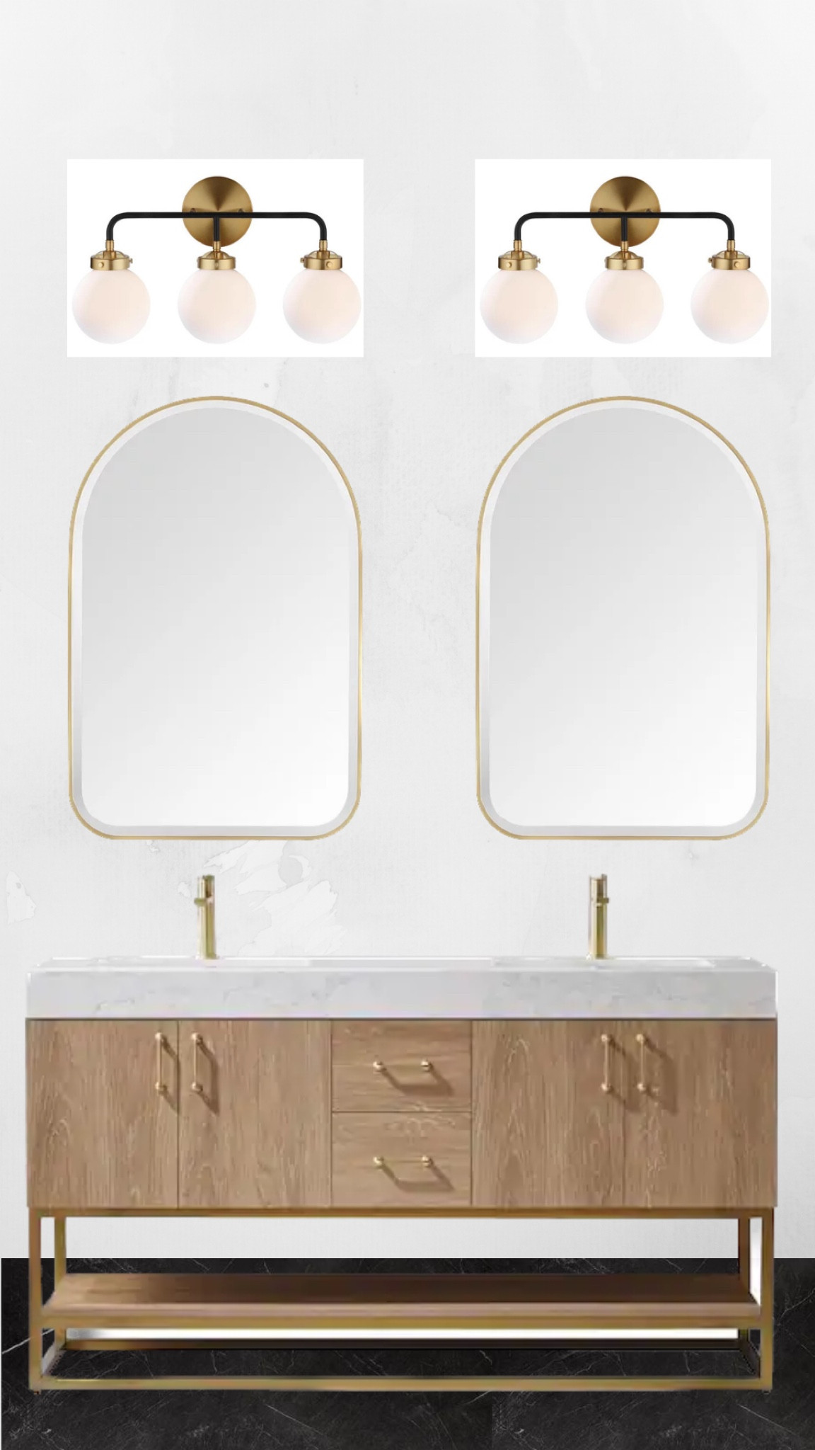 Bathroom reno

Alistair 60 in. W x 22 in. D x 33.9 in. H Bath Vanity in Oak with White Stone Vanity Top with Basin

Can’t link but mirrors are from Floor and Decor - Ezra

Black and gold vanity lighting with frosted globes is from Perigold - Jonathan Y Caleb 3 - Light Armed Sconce on major sale! Found at Home Depot for cheaper 

#LTKhome #LTKsalealert #LTKstyletip