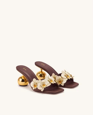 Celia Orchid Embroidered Sphere Heel Mules - Brown | JW PEI US