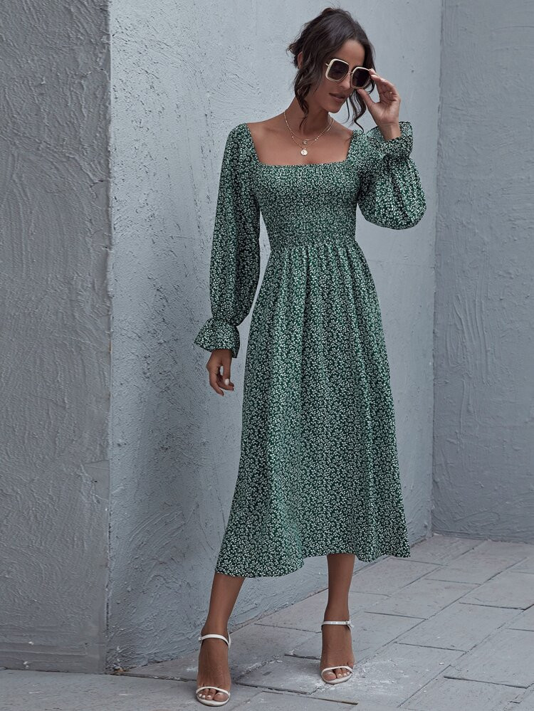 Bell Sleeve Shirred Bodice Ditsy Floral Dress | SHEIN