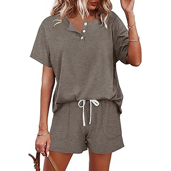 WIHOLL Lounge Sets for Women 2 Piece Outfits Button Down Shirts Khaki M at Amazon Women’s Cloth... | Amazon (US)
