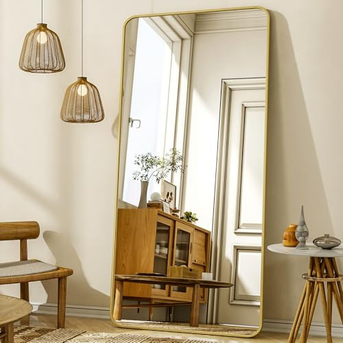 XRAMFY 76"x34" Floor Full Length Mirror Standing Full Body Rounded Corner Rectangle Mirrors with Stand Hanging Wall Mounted Leaning Bedroom Living Room Bedroom Cloakroom,Gold | Amazon (US)