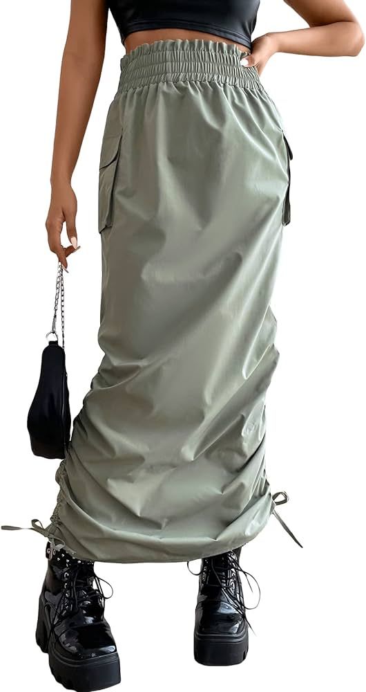 OYOANGLE Women's Elastic Waist Flap Pocket Drawstring Side Casual Y2K Long Cargo Skirts | Amazon (US)