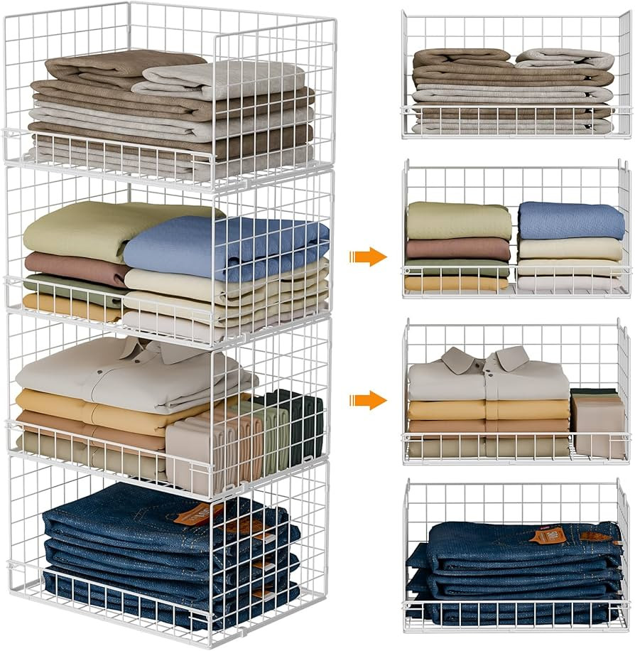4-Tier Stackable Closet Organizers and Storage Basket, Foldable Closet Shelf Organizer System, Sp... | Amazon (US)