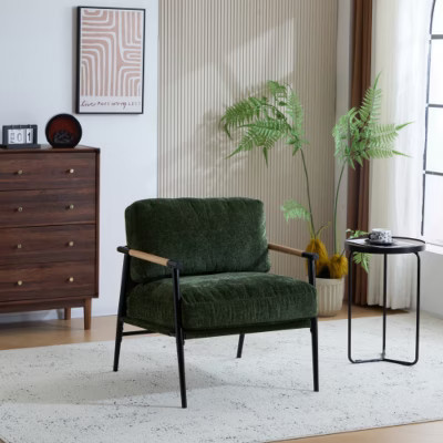 Green 27.56" modern chair with plush cushions, simple metal frame and wooden armrests | Target