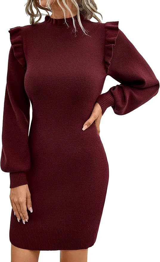 Blooming Jelly Women's Mini Sweater Dress Mock Neck Ruffle Long Puff Sleeve Ribbed Casual Bodycon... | Amazon (US)
