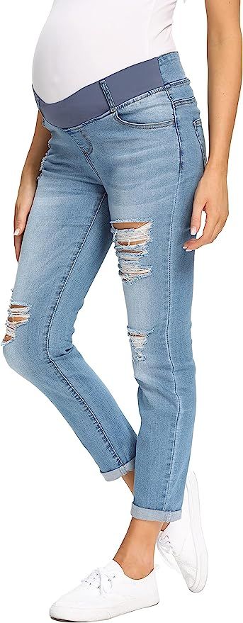 V VOCNI Maternity Jeans Skinny Distressed Denim Stretch Slim Jeggings Underbelly Pregnancy Pants | Amazon (US)