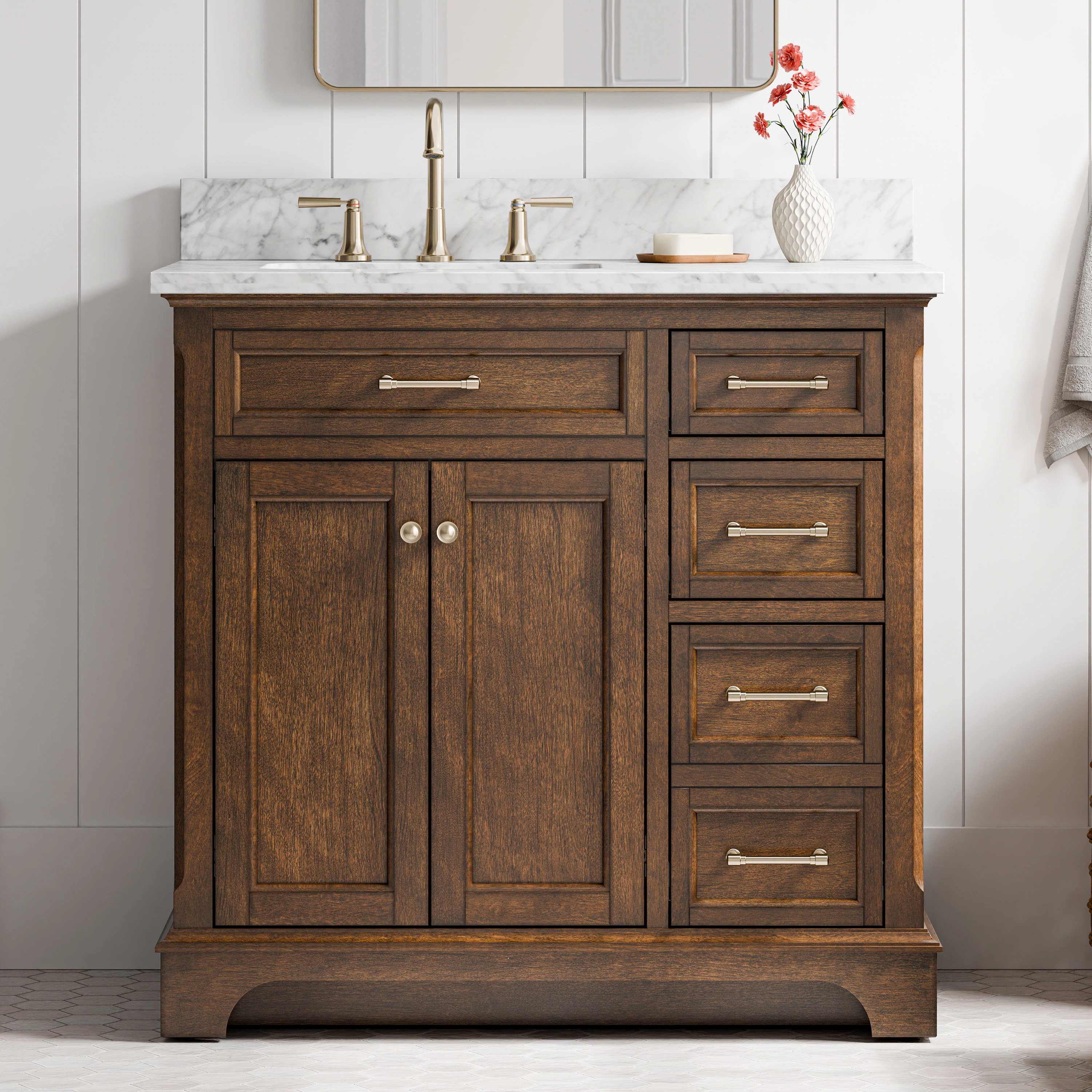 allen + roth Roveland 36-in Dark Walnut Undermount Single Sink Bathroom Vanity with Carrara Natural Marble Top in Brown | 2026VA-36-372-900L | Lowe's