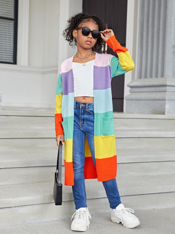 SHEIN Kids Cooltwn Tween Girl Color Block Dual Pocket Drop Shoulder Duster Cardigan | SHEIN