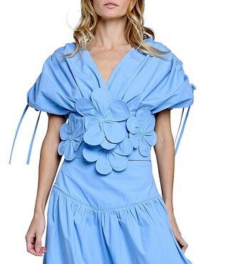 Dielle 3D Floral V-Neck Cap Sleeve Coordinating Poplin Top | Dillard's