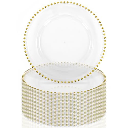 24 Pack Clear Charger Plates With Gold Beaded Rim, 13 Inch Acrylic Round Plate Chargers for Dinner, Plastic Decorative for Table Setting, Wedding, Party, Event (Gold) | Amazon (US)
