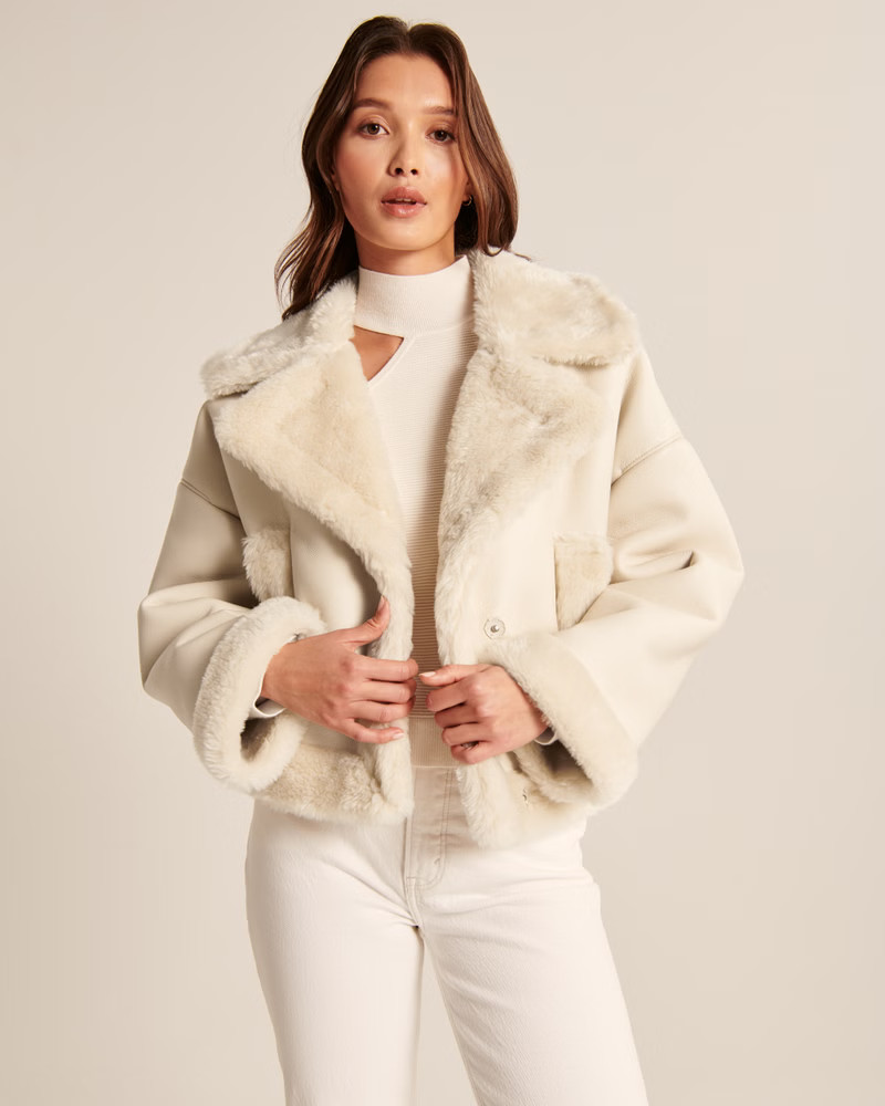 Oversized Short Sherpa-Lined Vegan Leather Coat | Abercrombie & Fitch (US)