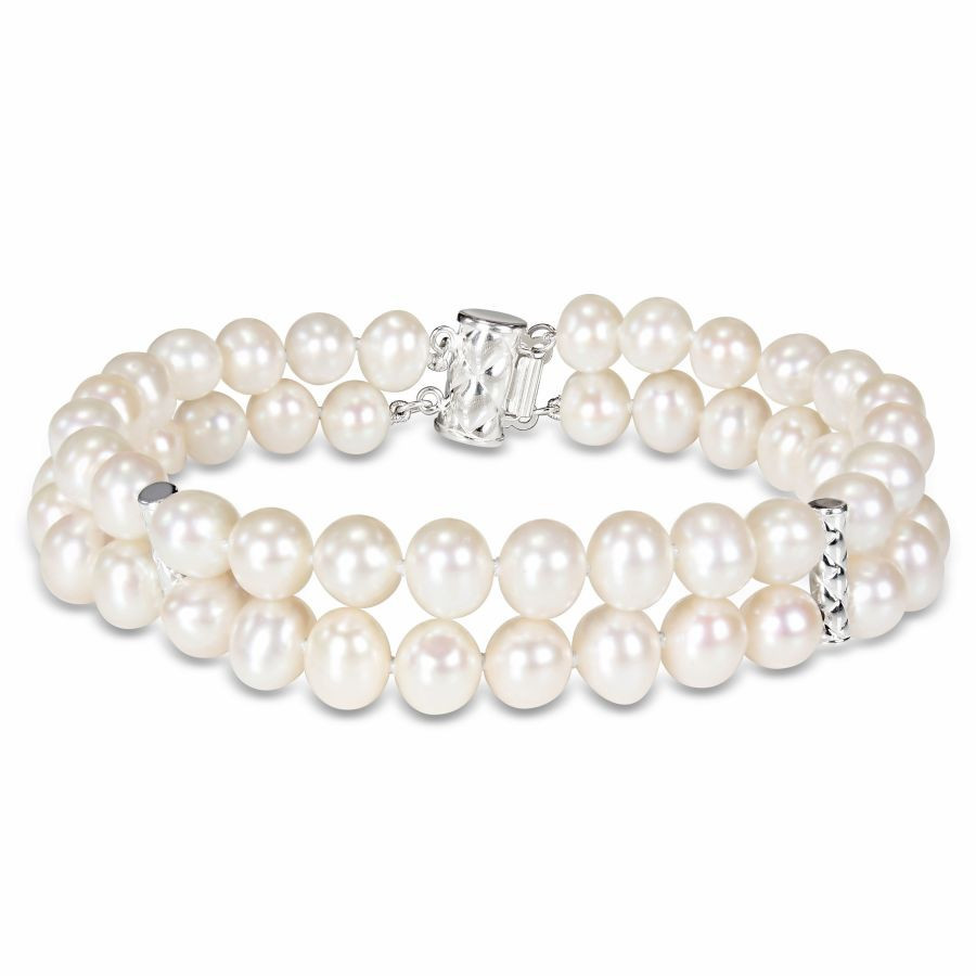 AMOUR Cultured Freshwater Pearl Double-row Bracelet with Sterling Silver Dividers and Clasp | Jomashop.com & JomaDeals.com