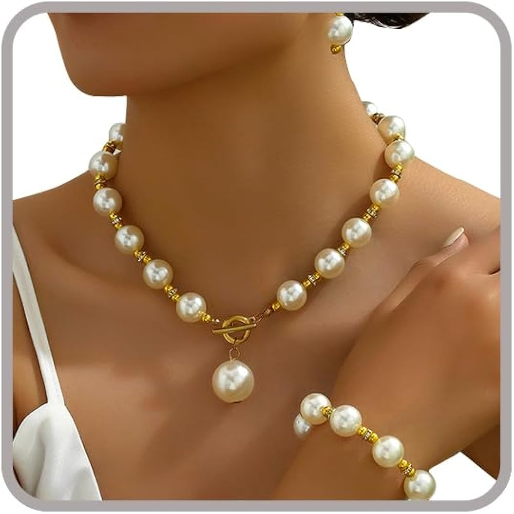 Chunky Pearl Necklaces for Women Gold Pearl Choker Necklace and Earrings Set Pearls Set Jewelry f... | Amazon (US)