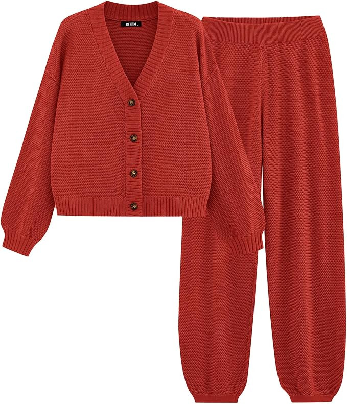 BTFBM Women 2 piece Outfits Fall Knit Sweater Sets Loose Casual Button Down Cardigan Long Pants M... | Amazon (US)