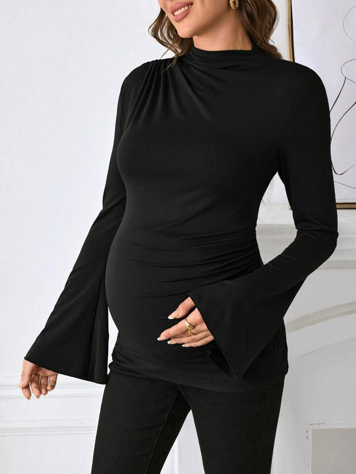 SHEIN Maternity Casual Stand Collar Flare Sleeve Brown T-Shirt, Slim Fit Pregnancy Tee For Autumn | SHEIN