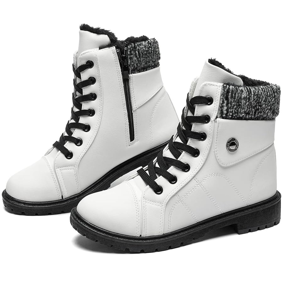 FRACORA Women's PU Leather Combat Boots Warm Fur Lined Black Ankle Booties Side Zipper White Boot... | Amazon (US)