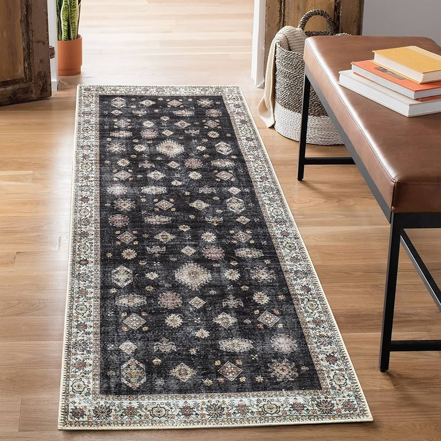 Bloom Rugs Washable Non-Slip 12 ft Runner - Black/Ivory Traditional Runner for Entryway, Hallway,... | Amazon (US)