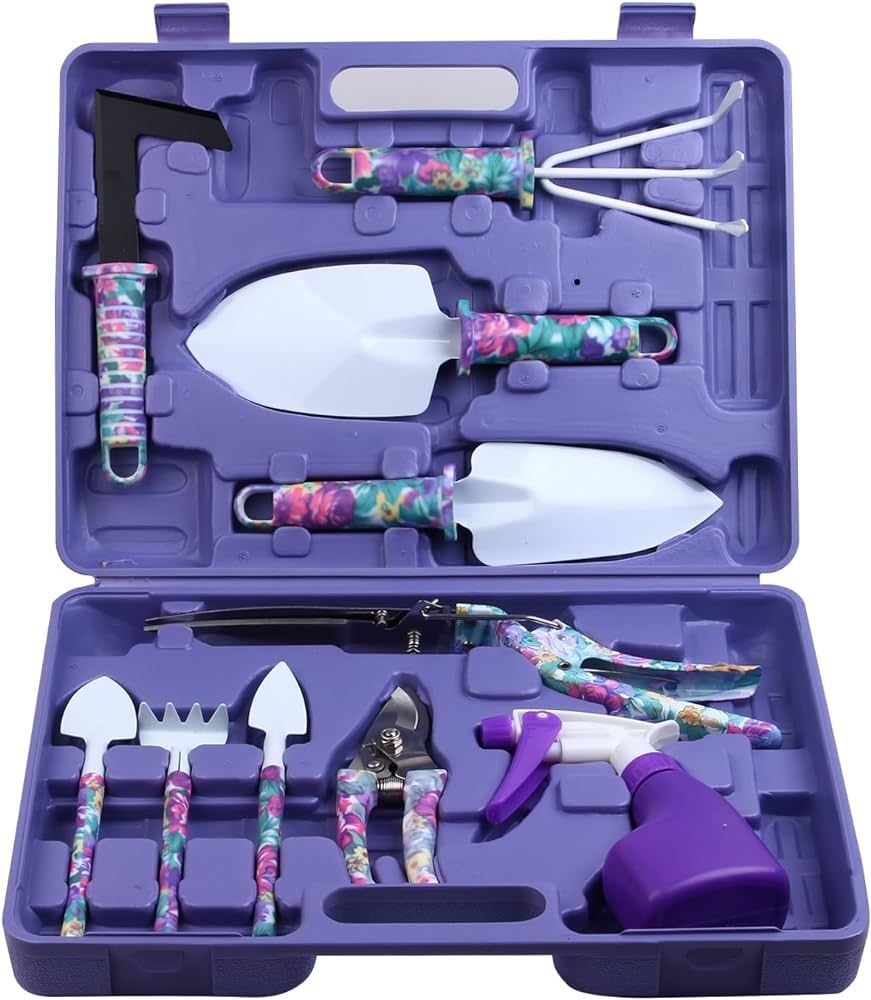 Garden Tools Set, JUMPHIGH 10 Pieces Gardening Tools with Purple Floral Print, Ergonomic Handle T... | Amazon (US)