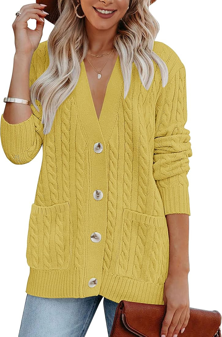 MEROKEETY Women's Long Sleeve Cable Knit Button Cardigan Sweater Open Front Outwear Coat with Poc... | Amazon (US)