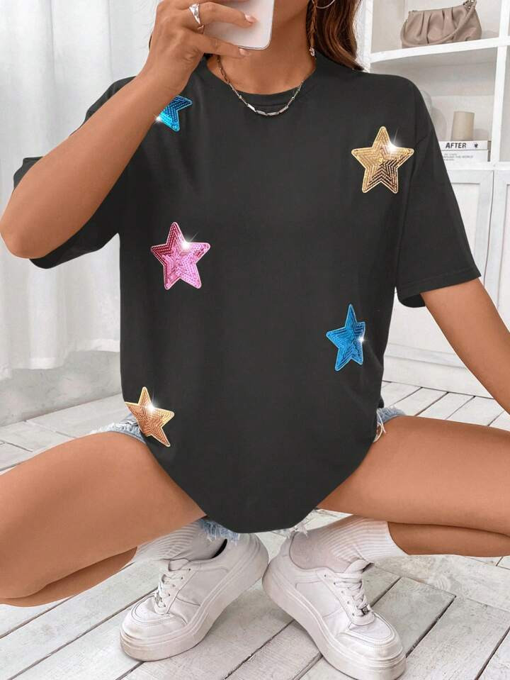SHEIN Essnce Sequin Star Pattern Drop Shoulder Tee | SHEIN