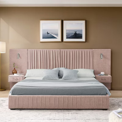 Queen Size Upholstered Bed Frame Grounded Platform Bed with Headboard, Bedside Lamps, Nightstand, Chenille with Pleated Design, Pink - ModernLuxe | Target