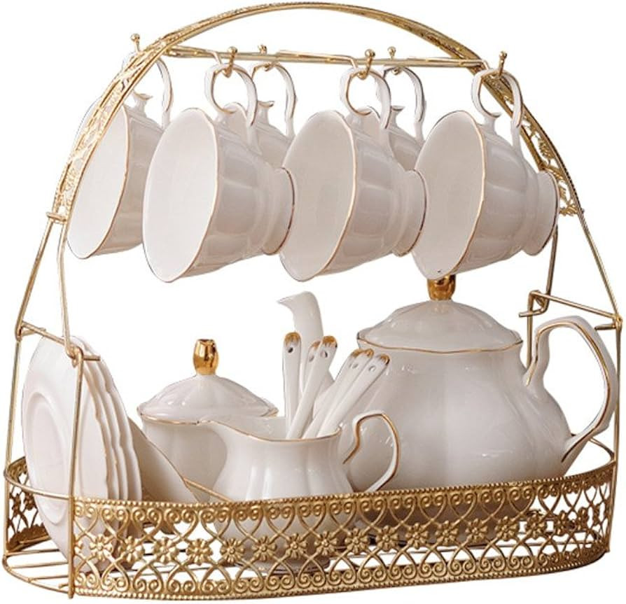 ufengke 15 Pieces Simple White English Ceramic Tea Sets,Tea Pot,Bone China Cups with Metal Holder... | Amazon (US)