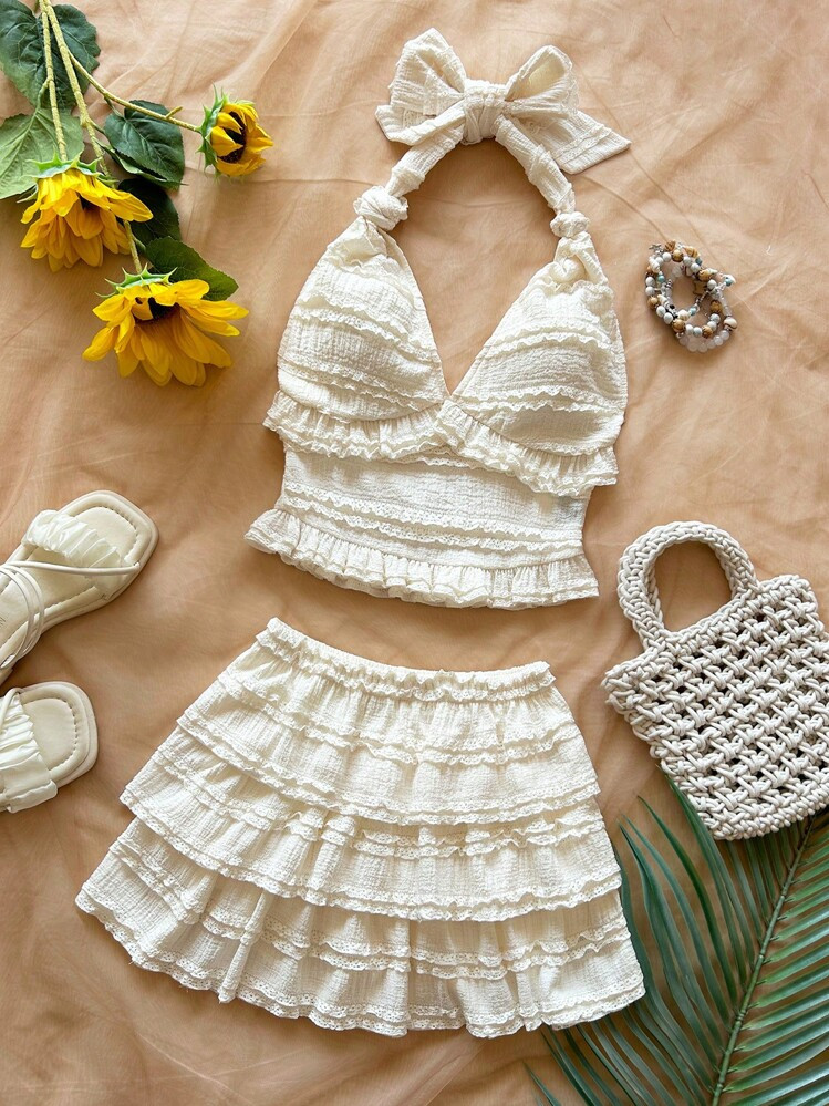 Soleia Floral Textured Knotted Halter Neck Mini Skirt Set | SHEIN